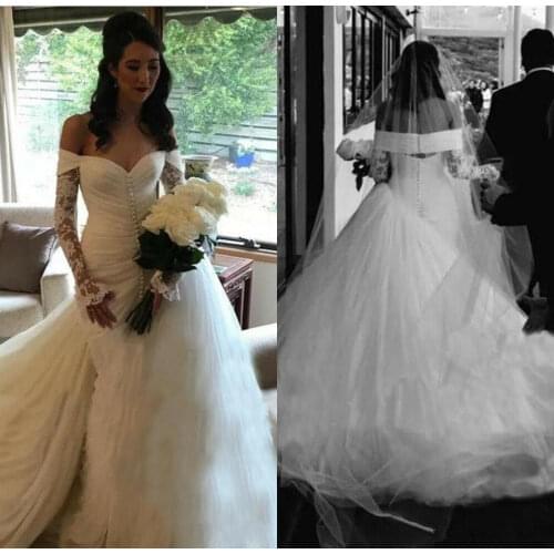 Mermaid Wedding Dresses Off Shoulder Ruffles Buttons Tulle Bridal Gowns Custom 2021 vestidos de novia