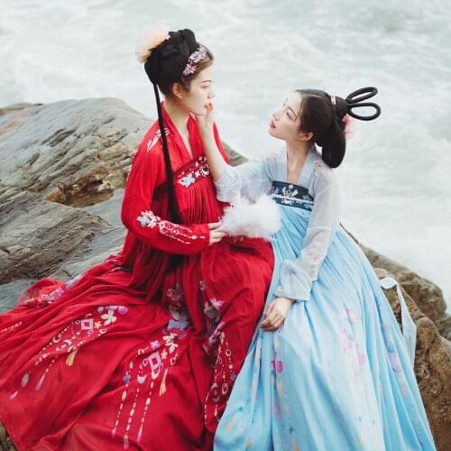 "Feng Cu" Womens Chinese Style Vintage Dress Gorgeous Elegant Hanfu Long Dress 2Pcs Set Shirt Ruqun Red Blue