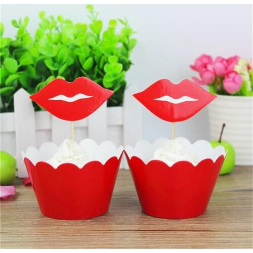 24pcs red lips Cupcake Inserts Card Toppers Decoration Card Cake Dessert Card Birthday Kids Wedding Party Supplies