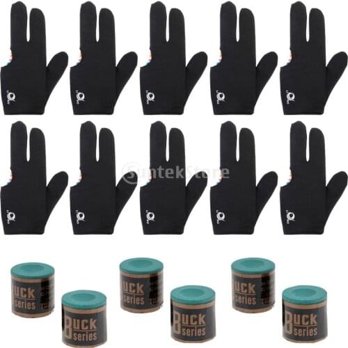 6 Snooker Pool Cue Tip Table Billiard Chalk + 10pcs 3 Finger Billiards Glove