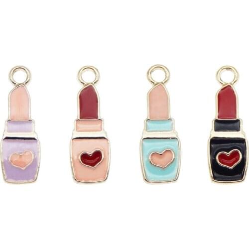 Julie Wang 8PCS Enamel Lipstick Charms Black Pink Purple Blue Heart Lipstick Alloy Cosmetic Bracelet Jewelry Making Accessory