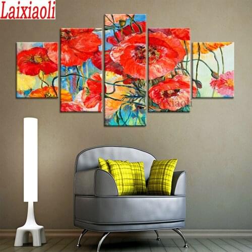 Diamond Painting poppy painting Full Square/round Drill Cross Stitch Mosaic Diamond Embroidery red flower 5 pcs set Home Decor