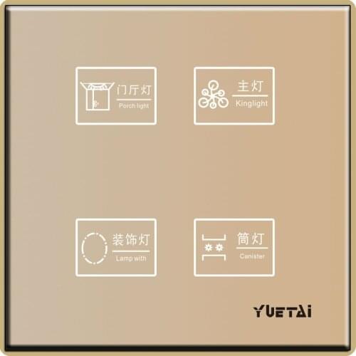 C6 series toughened glass panel wall switch four open golden color