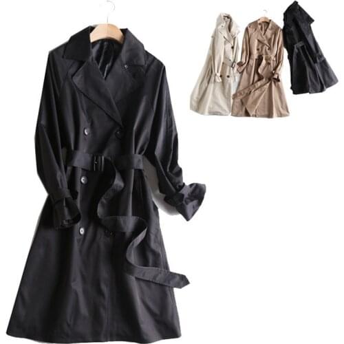 DOUJILI Autumn Winter Trench Fashion Overcoat Long Pure Color With Belt Casual Overcoat Khaki Black Cream