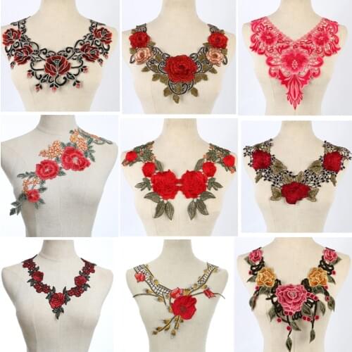 Fine Venise Pink Red Lace fabric Dress Applique motif blouse Sewing Trims, DIY neckline collar Costume Decoration