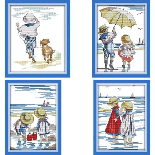 Joy Sunday Seaside Characters Stamped Cross Stitch Cartoons Printing Counted 14CT 11CT Fabric Embroidery Handmade Needlework Set