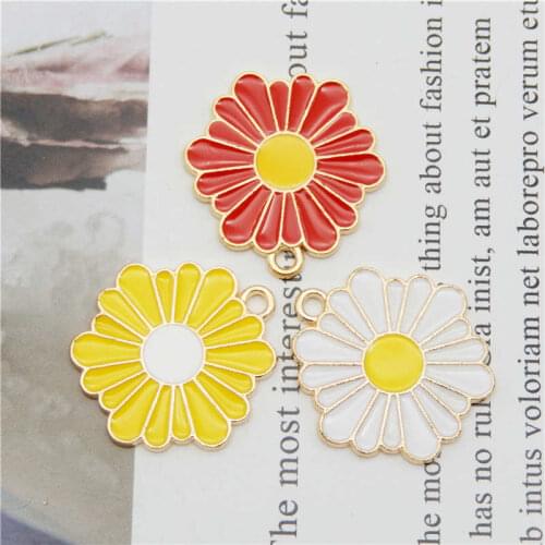 Julie Wang 6PCS Enamel Flowers Charms Red White Yellow Daisy Sunflower Alloy Gold Tone Pendant Bracelet Jewelry Making Accessory