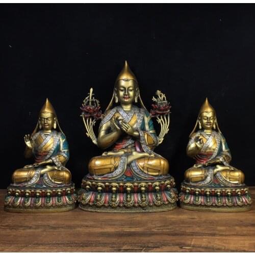 12"Chinese temple collection Old Bronze Painted Master Tsongkhaba Three Masters and Apprentices set Sitting Buddha Ornaments