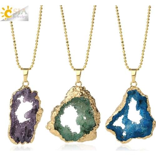 CSJA Natural Geode Pendant Druzy Quartz Gold-color Bezel Hollow Irregular Stone Pendants Necklaces Men Women Trendy Jewelry G361