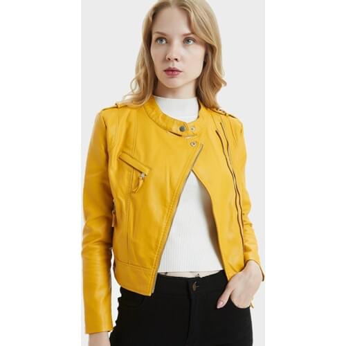 2019 new pu Biker Leather Female short slim slimming lapel washed Leather Jacket wild small Coat yellow Leder Jacket Women
