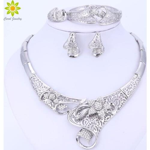 Fashion Dubai Crystal Rhinestone Flower Necklace Sets Silver Plated Wedding Bridal African Costume Jewelry Sets