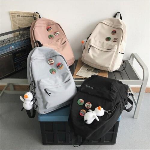 Fashion Women Backpack Cute Pendant Solid Color School Bag For Girls Trend Badge Large Capacity Travel Backpacks