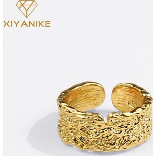 XIYANIKE 925 Sterling Silver New Korean Tin Foil Gold Ring Female Wide Uneven Creative Ring All-match Fashion Handmade Jewelry