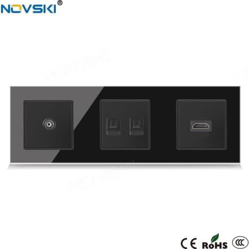 NOVSKI DIY Hybrid Schuko F Wall Socket Multi Frame USB Outlet Crystal Glass Black Panel Grounded, Data Socket