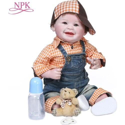 NPK 55CM happy baby smiling face doll reborn bebe boy soft real touch life size 3Month cuddly baby collecible doll