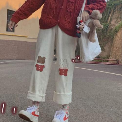 Autumn ins Japanese soft girl cute bear rabbit student Korean version loose wild casual straight nine-point wide-leg pants women