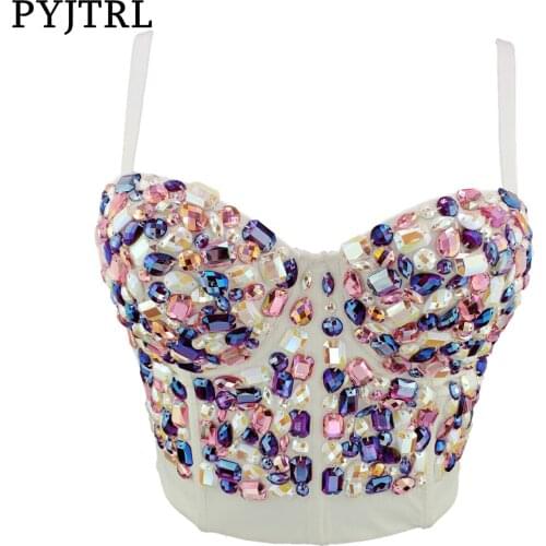 PYJTRL Women Sexy Handmade Coloful Crystals Outwear Bra Club Bar Patry Stage Singers Dancer Crop Top Fashion Short Slim Camisole