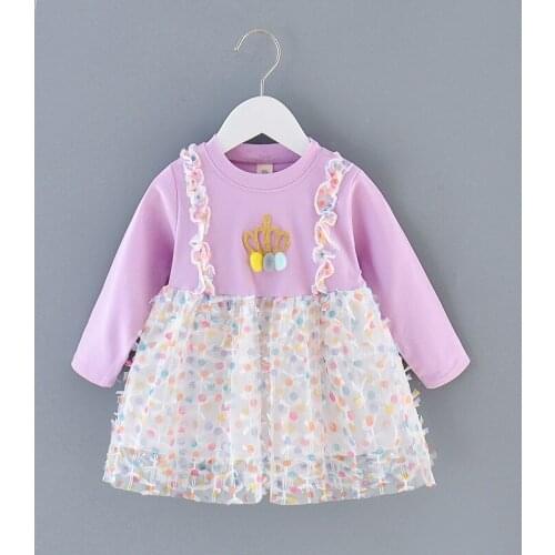 Baby Girls Dresses Kids Long Sleeve Autumn Clothes Crown Splicing Dot Mesh Sweet Party Princess Dress Children Outfits Clothes