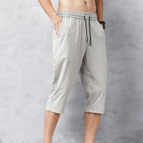50% Dropshipping!!Solid Color Capri Pants Elastic Waist Men Drawstring 3/4 Length Cropped Trousers Sweatpants