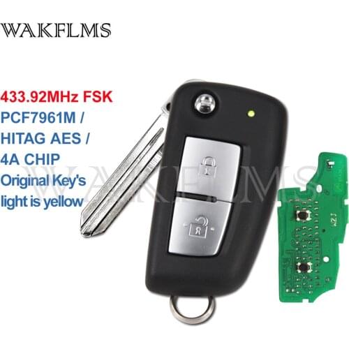 For Nissan Qashqai 2019 2020 Flip Remote Key Car Key Yellow Led 2 Button PCF7961M / HITAG AES / 4A CHIP 433.92MHz FSK