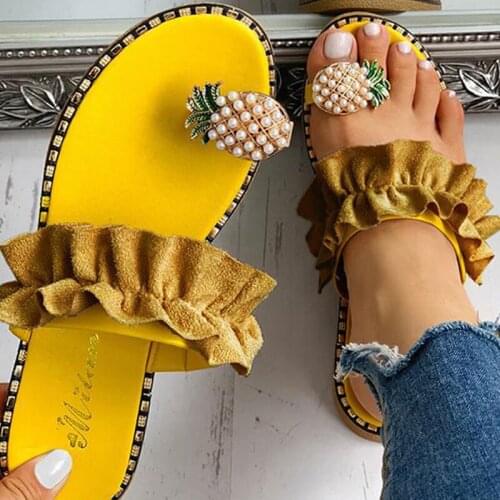Women Summer Flat Sandals 2020 Pearl Spilt Toe Slip On Flip Flops Pineapple Summer Beach Slides Casual Shoes Slipper