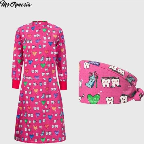 Cartoon tooth print dental hospital unisex work clothes stretch long sleeve scrub nursing clothe high quality round neck uniform
