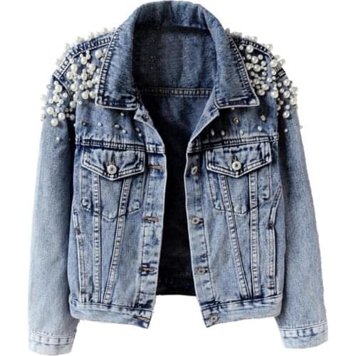 Plus size 2XL!2020 spring fashion pearl beading turn down collar denim jacket women long sleeve slim jeans jacket