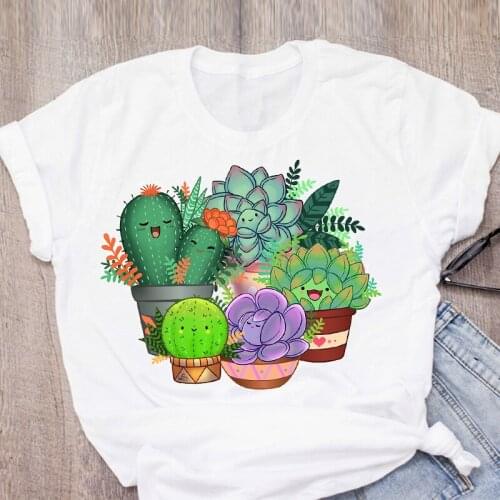 Cactus Fashion Cat Cute Plant Fashion Short Sleeve Summer Lady Tops T-Shirt Shirt Womens Clothing Tees Female