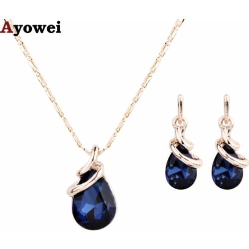 Ayowei Navy Blue Crystal Zircon Rose Gold Set Spring Carnival Pendant Necklace Earrings Charming Womens Day Gift JS822A