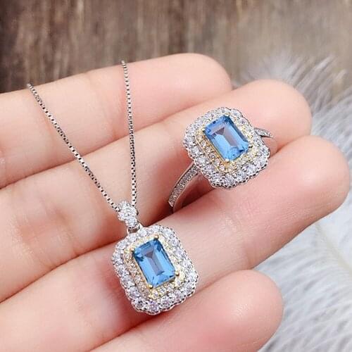 Blue Crystal Topaz Aquamarine Gemstones Diamonds Rings Pendant Necklaces Jewelry Sets for Women White Gold Color Fashion Bijoux