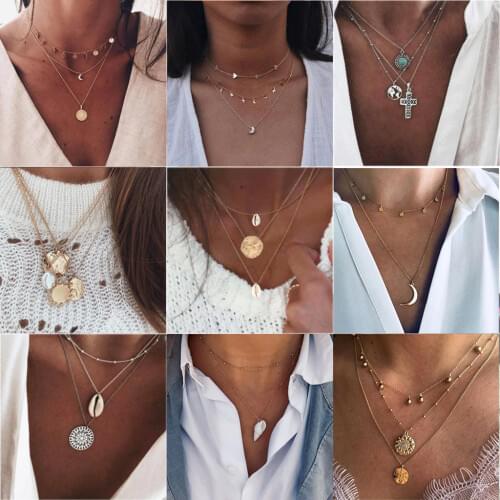 26 Styles Bohemian Multi Layer Pendant Necklaces For Women Fashion Golden Geometric Charm Chains Necklace Jewelry Wholesale