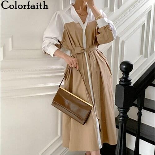 Colorfaith Color Blocking New 2021 Women Spring Autumn Shirt Dress Lady Oversized Patchwork Pockets Lace Up Long Dresses DR3269