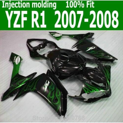 100%FIT Fairings For YAMAHA YZF R1 07 * 08 ( Black & green flames ) yzfr1 free customize Injection fairing kit CQ40