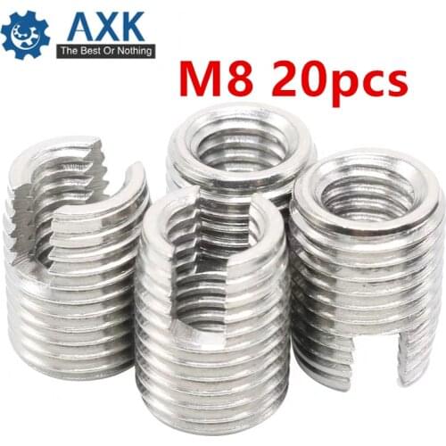 20pcs Stainless Steel M8 Self Tapping Thread Insert Screw Bushing M8*1.25*15mm 302 Slotted Type Wire Thread Repair Insert
