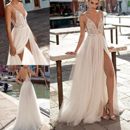 2020 Fashion Wedding Dresses Sexy Side Split Spaghetti Boho A-Line Wedding Dress Pearls Backless Bohemian Beach Bridal Gowns