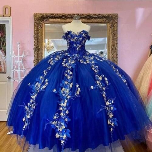 Royal Blue Ball Gown Quinceanera Dress Off the Shoulder 3D FLower Lace-up corset Girls Quinceanera Party Gowns Vestidos