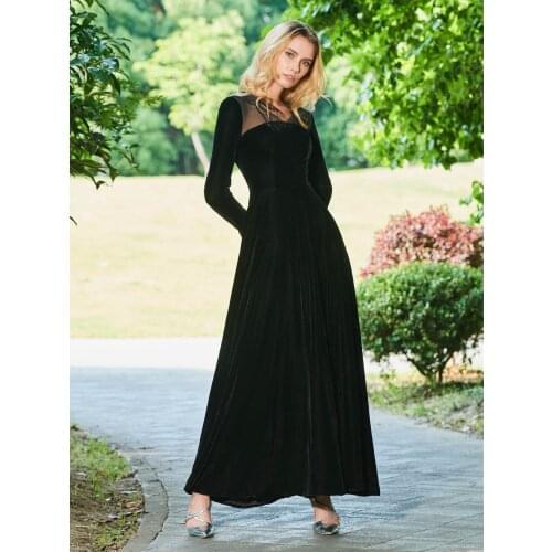 Tanpell Black Velvet Evening Dress V-Neck Long Sleeves A-Line Elegant Zipper-Up Ankle-Length Women Party Custom Evening Dress