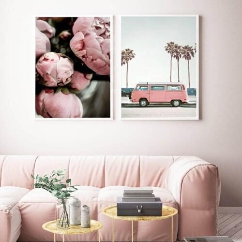 Living Room Decoration Pink Beach Bus Surfing Palm Tree Wall Art Canvas Painting Nordic Posters And Prints Landscape Murals