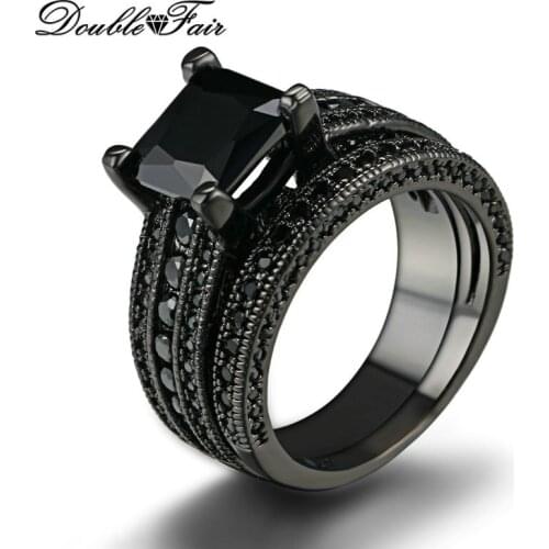 Double Fair Luxury Square Black Nano CZ Rings Set Black Gold Color Punk Fashion Brand Ring Sets Women Jewelry Anel DFR629