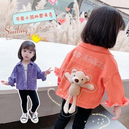 Baby Girls Denim Jackets Spring Autumn Toddler Kids Cartoon Bear Toys+ Denim Coats Children Casual Letter Printed Tops Clothes