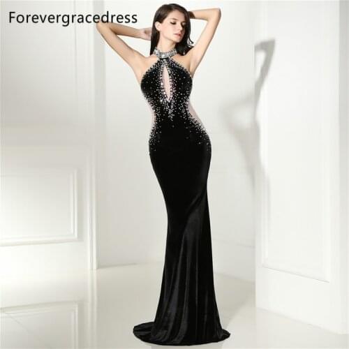 Forevergracedress Sexy Halter Neck Prom Dress Unique Black Beaded Crystals Long Backless Formal Party Gown Plus Size Custom Made
