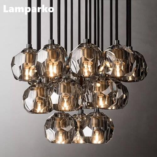 Boule De Cristal Round Cluster Chandelier 24" Modern Ceiling Chandelier LED Smoky Crystal Pendant Hanging Lamp for Stairwell