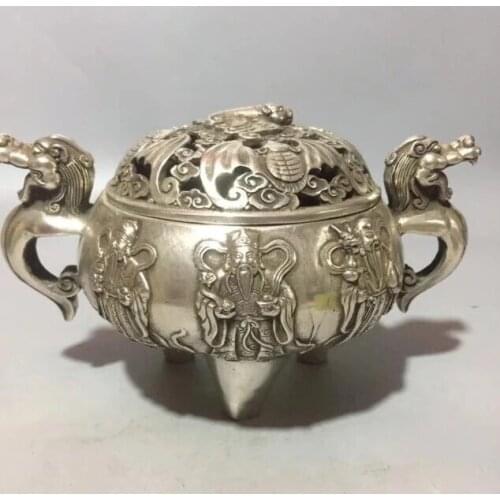 Collect archaize white copper Fu lu shou bat Incense burner crafts statue