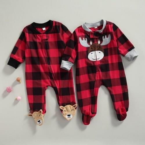 FOCUSNORM 3 Style Xmas Newborn Baby Girls Boys Romper Sleepwear Plaid Printed Long Sleeve Zipper Cartoon Deer Jumpsuits 0-9M