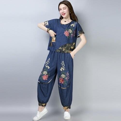 Summer Vintage National style embroidery Pant suits womens sets Tops+ loose bloomers two-piece denim Short sleeve Casual Sets