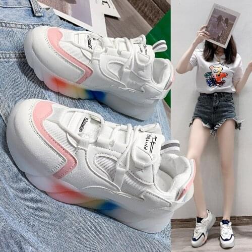 Dad Shoes Womens 2021 Autumn Mesh Breathable Student White Shoes Thick-Soled Casual Sneakers