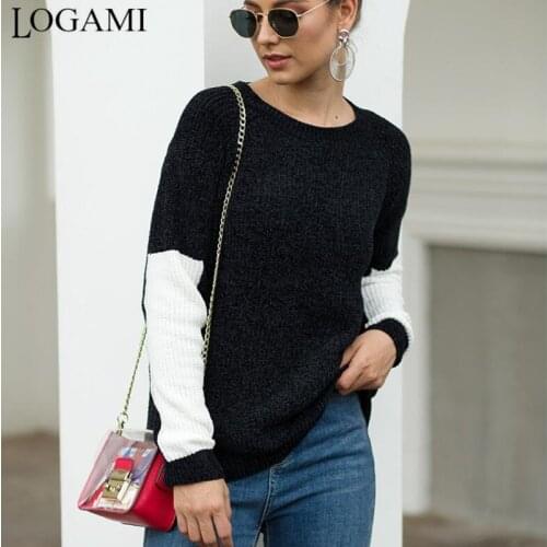 LOGAMI O Neck Patchwork Long Sleeve Woman Sweater Autumn and Winter 2019 New Fashion Female Sweater