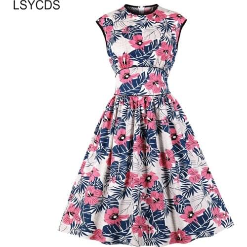 LSYCDS Elegant Floral Print Women Dresses High Waist Vintage Pinup Girls 50s Clothes O-Neck Sleeveless Pleated Cotton Dress New