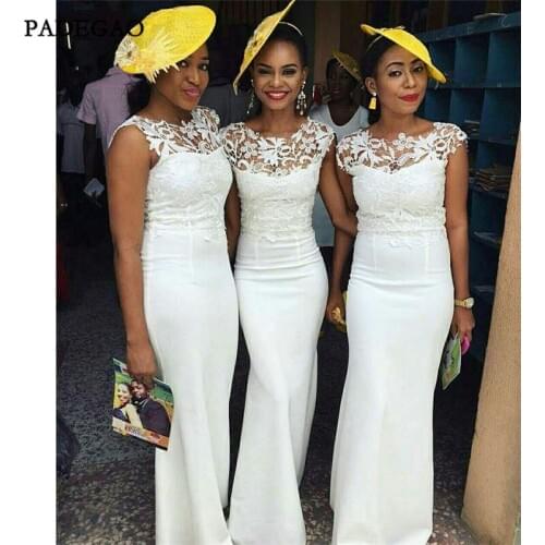 New African White Long Bridesmaids Dresses With Lace Mermaid Sleeveless Satin Cheap Bridesmaids Dresses For Girls