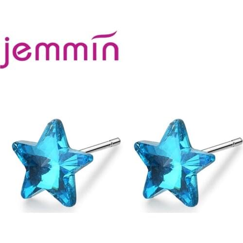 New Attractive 925 Sterling Silver Jewelry Full Blue Rhinestones Statement Star Stud Earrings Ladies Festival Surprise